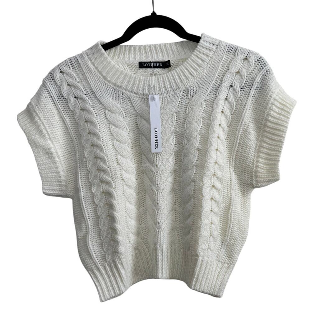 NWOT Women's Knitted Sweater Short Sleeve Crop Top Off-White Medium